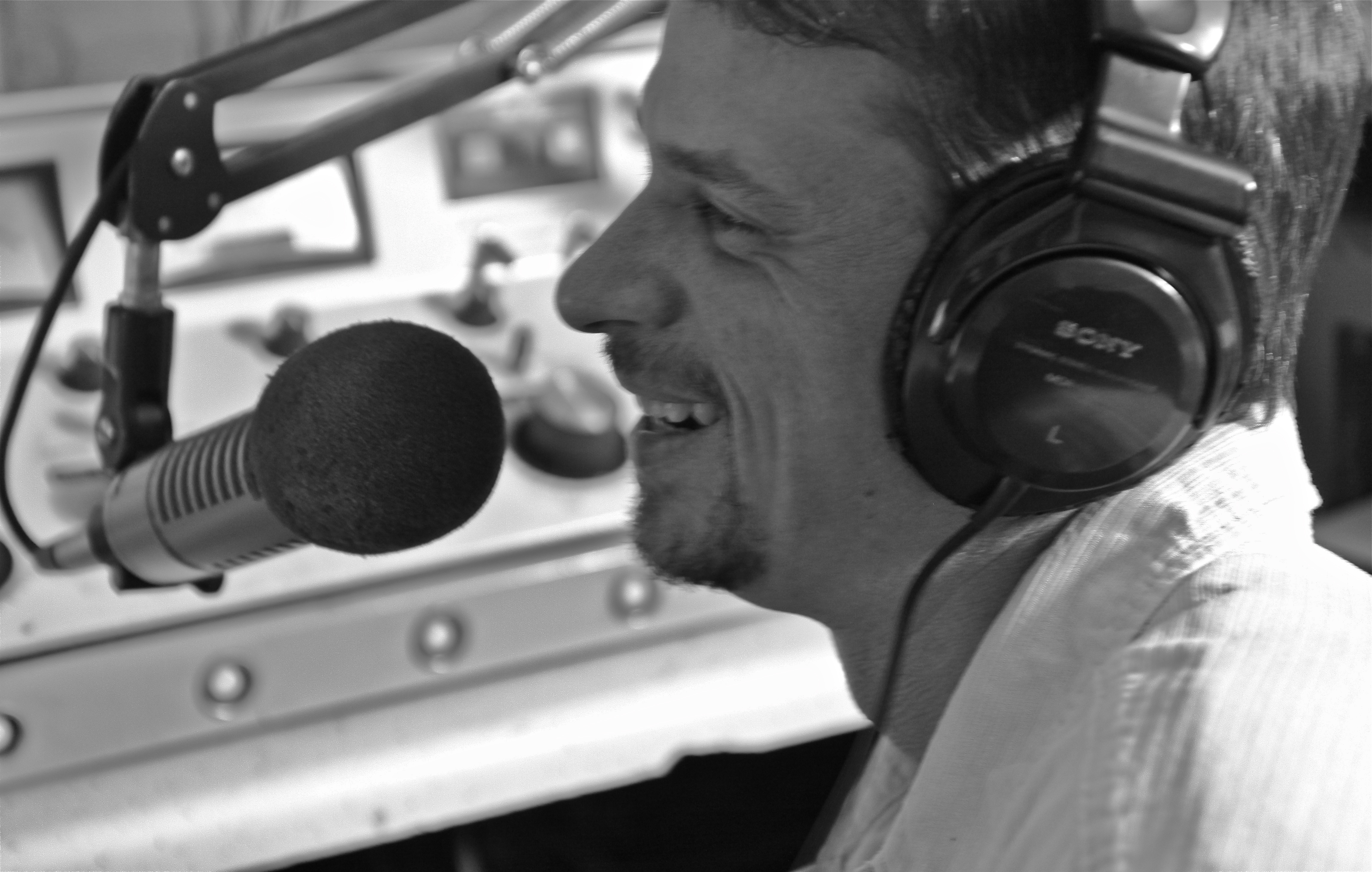Joe Gardner at the microphone, WCDO Studios, Sidney NY